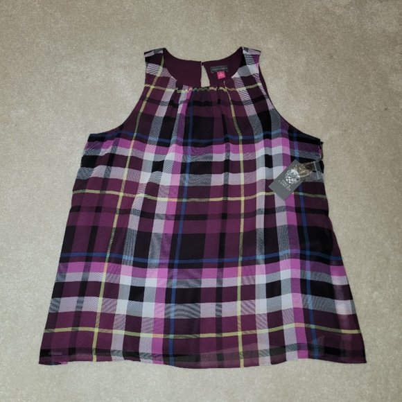 Vince Camuto Sleeveless Pleated-Neck Plaid Blouse NWT Women's M - Picture 3 of 7